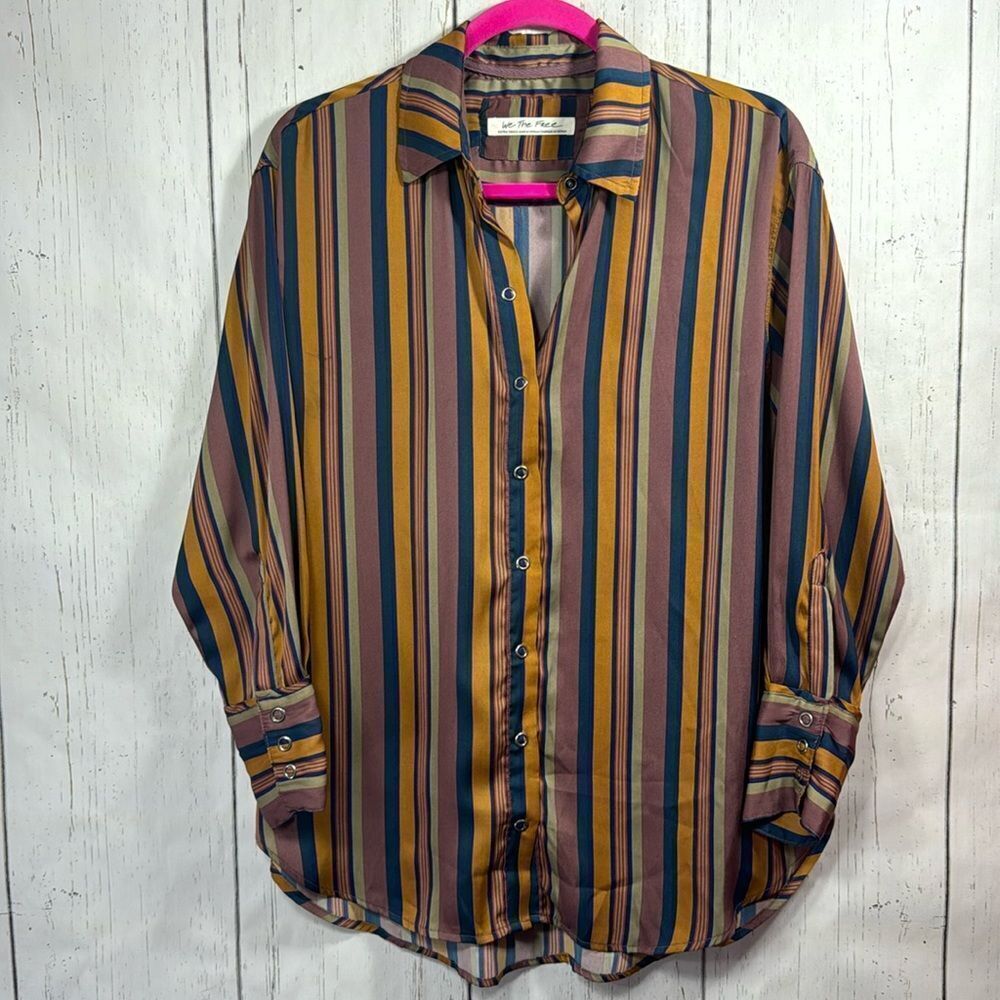 We The Free All Smiles Striped Oversized Button Down Casual Womens Brown Shirt